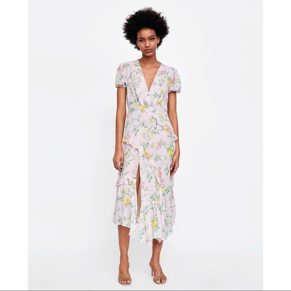 Zara midi dress floral ruffles chiffon size small - Picture 1 of 4